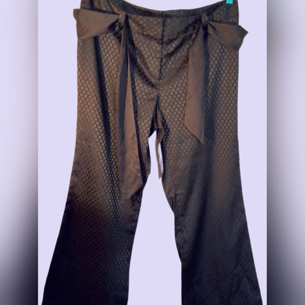 Vintage Nygård Pants, Polka Dot Wide-Leg Trousers With Waist Bow-Black Size 14